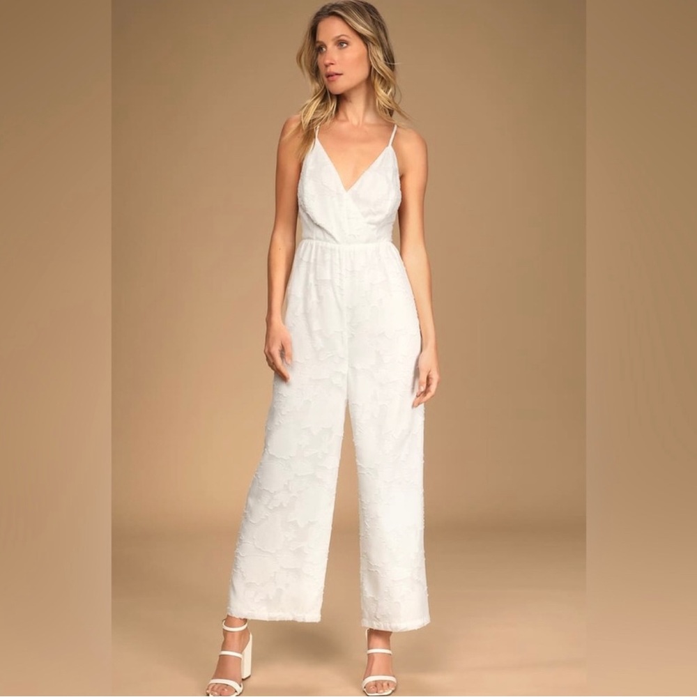 Lulu’s Days of Beauty White Burnout Floral Surplice Jumpsuit